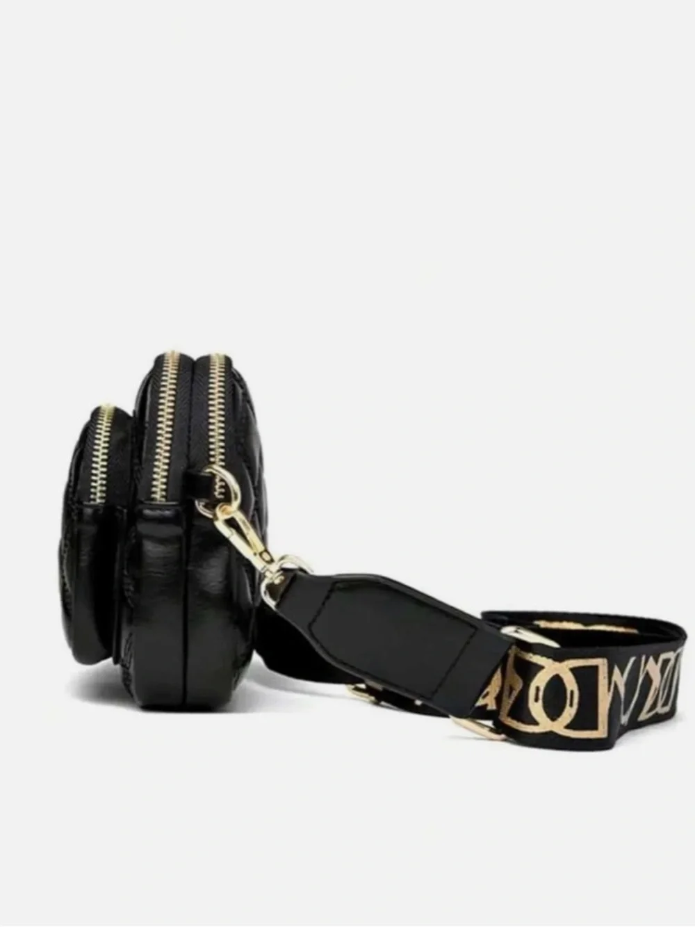 Quilted Black Crossbody Bag with Logo Strap